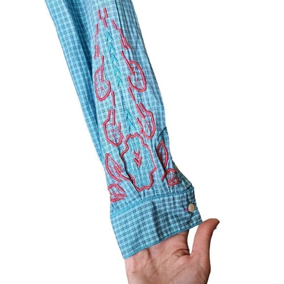 Johnny Was 3J Workshop Plaid Button Down Embroidered Shirt Womens Size S Blue - Picture 2 of 6